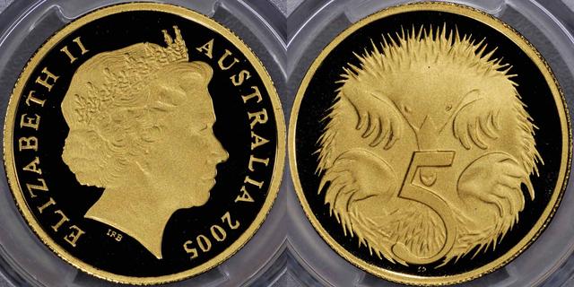 Fünf-Cent-Münze aus dem Jahr 2005 in Gold