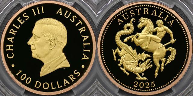 2025 Perth Mint „Five Sovereign“ Einhundert Dollar, roségoldene Vergoldung